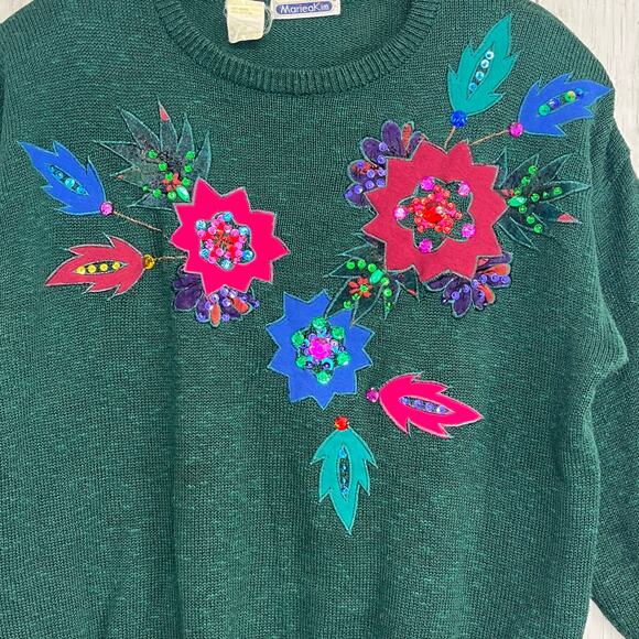 Vintage Mariea Kim Green Floral Holiday Ugly Sparkle Knit Long Sleeve Sweater - Picture 3 of 8